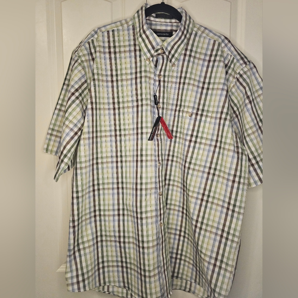 Pierre Cardin Men's Green Plaid Casual Short Sleeve  Shirt Vtg XL NWT